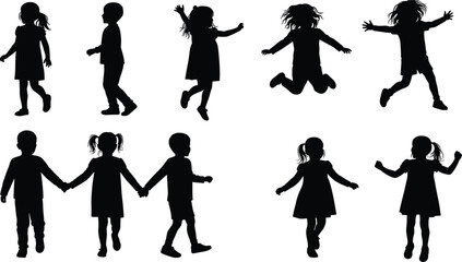Silhouette of children jumping, walking, holding hands, playing together, black illustration of active kids, fun movement, joyful outdoor childhood moments
