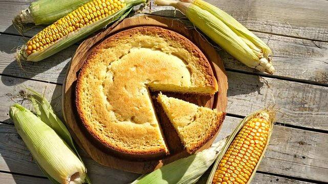 Freshly baked cornbread surrounded by ripe corn on a rustic wooden table in natural light