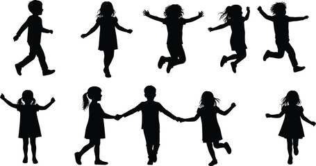 Silhouette of children playing, walking, jumping, running, holding hands, happy kids outdoor activity, childhood moments, energetic movement, black illustration