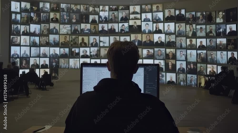 Aufkleber person working on a computer with a wall of faces displayed behind