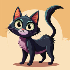 Obraz premium Cute cartoon black cat with big green eyes and fluffy tail silhouette