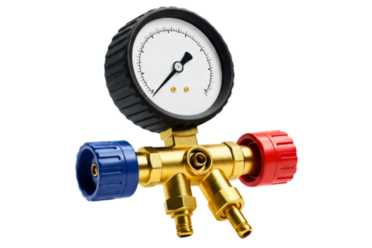 Refrigeration manifold pressure gauge with brass fittings isolated on a transparent background