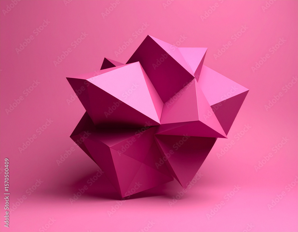Poster a vibrant pink, abstract three-dimensional geometric shape with multiple facets and sharp angles, re