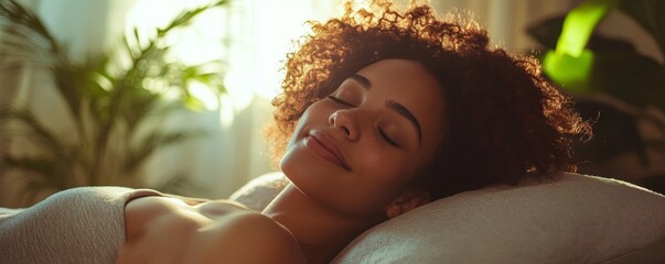 Beautiful woman  down on a bed, relaxing and receiving a soothing spa treatment, Generative AI