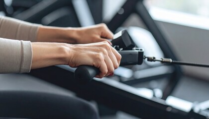 Close Up Of Woman Exercising On Rowing Machine In Gym