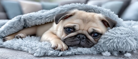 Pug puppy snuggled in a cozy blanket