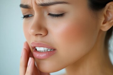 Face expression of discomfort: Asian woman touching her cheek, suffering from sensitive teeth, Generative AI