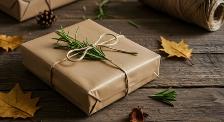 Wrapped Gift Box with Green Rosemary and Autumn Leaves on Rustic Wooden Surface