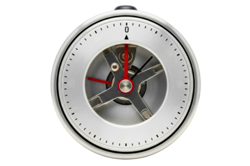 Top view of a mechanical analog timer with red and black hands isolated on a transparent background