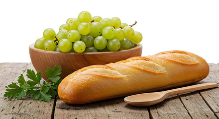 Fresh Green Grape Bunch in Wooden Bowl with Baguette on Rustic Wooden Surface