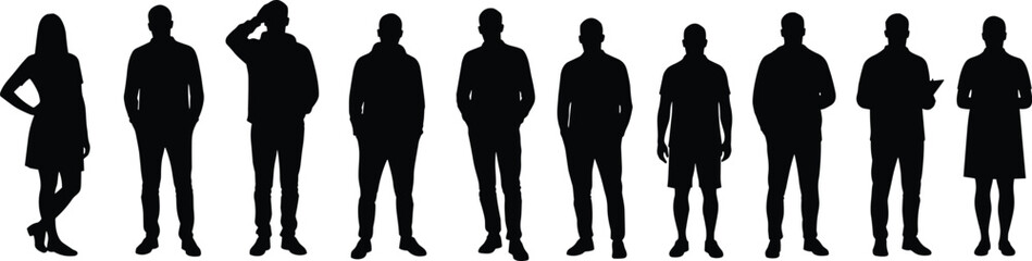 Silhouette people group standing, male female figures in casual posture, black vector human characters, isolated design for modern artwork