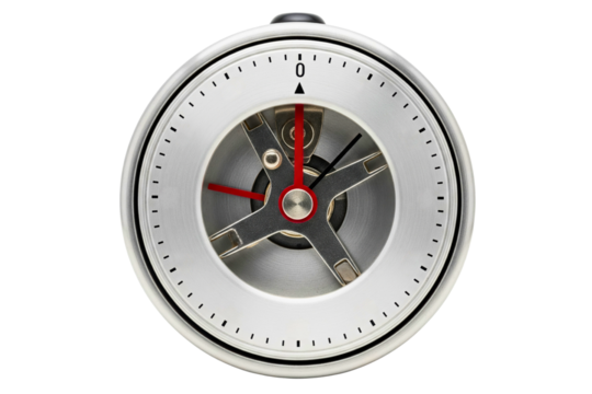 Top view of a mechanical analog timer with red and black hands isolated on a transparent background