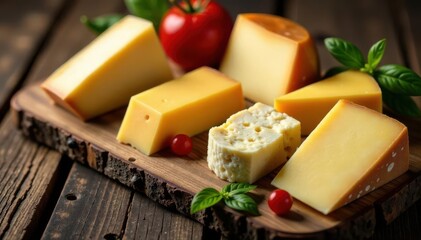 Assortment of cheeses on rustic wood Copy space , delicious food, background