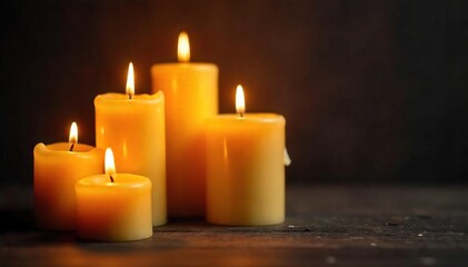 Warm Glow of Beeswax Candles Lit Candles of Varying Heights and Sizes Cast a Serene Light on Dark Wood, Perfect for Meditation, Spiritual Practices, or Home D?cor