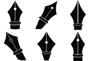 Collection of six black fountain pen nibs with different angles and orientations