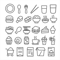 Line art icons of various food items.