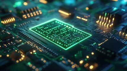 Obraz premium Macro Detailed Shot of Computer Circuit Board with Neon Lights