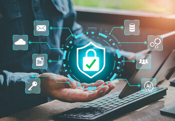 Shield icon on global network representing cyber security and information protection. Secure data protection and network security systems. VPN connections and zero trust security. encrypted data