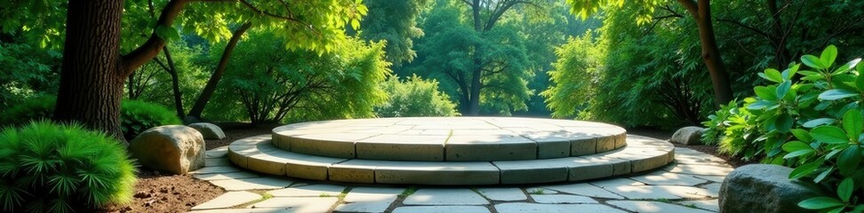 Obraz premium Elevated stone platform, eucalyptus accent, lush green setting , scene, display, plant