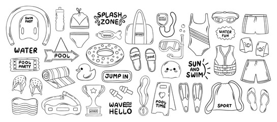 Hand drawn doodle icon set of summer swimming and pool accessories. Swim sport equipment. Vector illustration