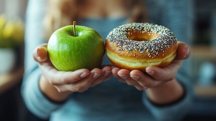 Woman on a health-focused diet, pushing aside her favorite donut and opting for green apple and vegetables instead, Generative AI