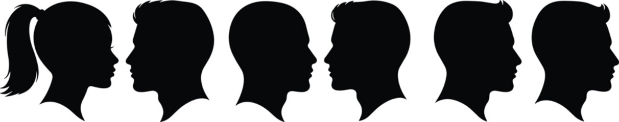 Silhouette side profile vector of male and female heads, black icon avatar design, flat face illustration for graphic use