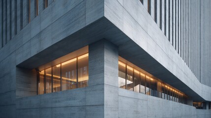 Obraz premium Sharp-edged urban duplex with oversized eaves concrete texture finish warm evening light creating rim shadows on vertical fins