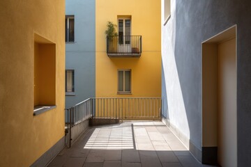 Side alley view of urban duplex fa??A section ade low sun casting sharp parallel shadows pastel yellow dove gray walls