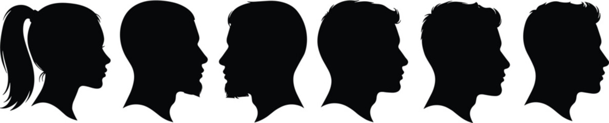Silhouette profile of man and woman heads, side view vector illustration, black avatar icons, hairstyle variation, flat modern design
