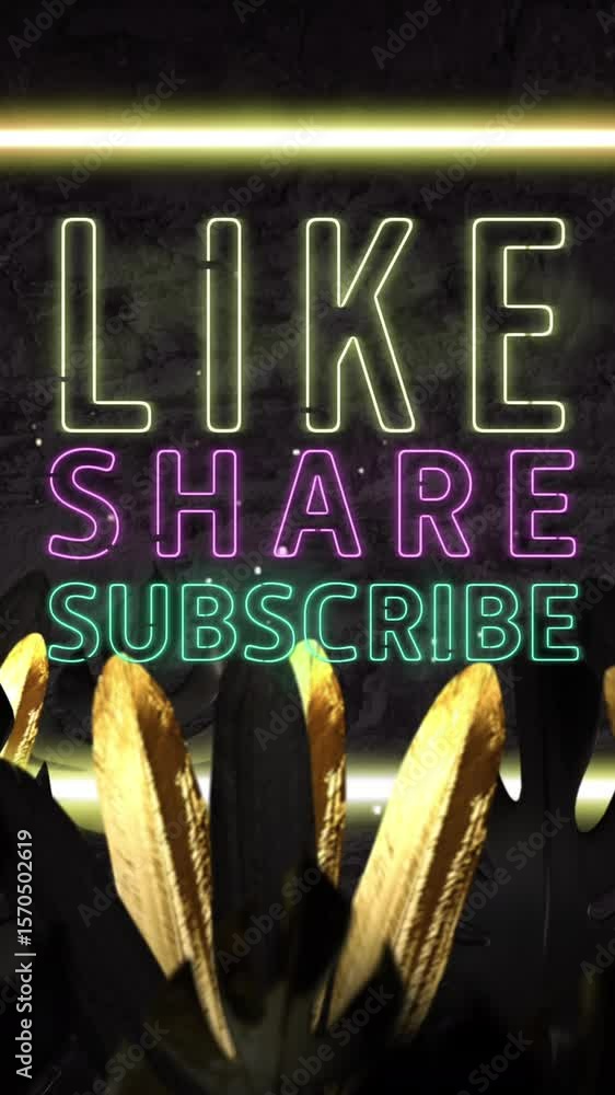 Poster animation of like share subscribe texts and neon frame over leaves on gray background
