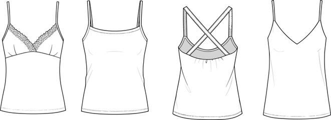 Set of women’s camisole top flat sketches, technical fashion CAD drawing, front and back view, stylish vector template design