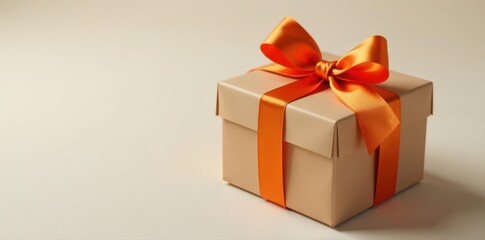 Square brown package, bright orange satin bow , present, elegant