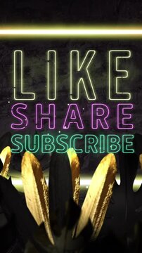 Animation of like share subscribe texts and neon frame over leaves on gray background