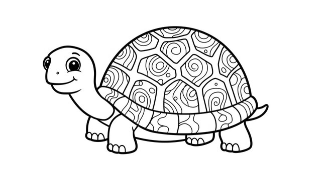 Cute, outlined turtle with intricate shell patterns, ready for coloring.