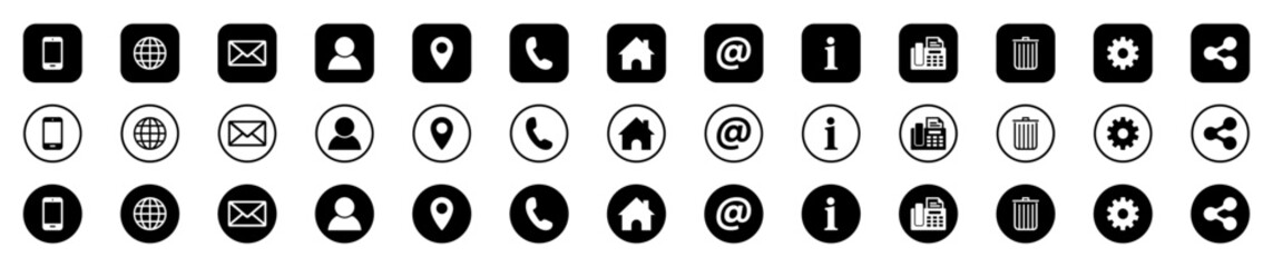 Vector icon set of contact and communication symbols. Includes outline, filled, and circular styles. Icons of phone, mail, user, location, home, trash, share, gear, info, and more.