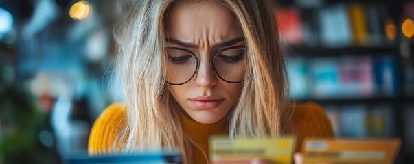 Woman looking at multiple credit cards in her hands, expressing concern about her financial situation, Generative AI