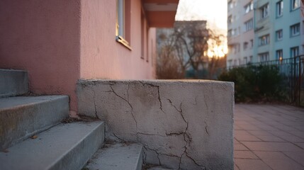 Slab-style urban duplex with muted pink plaster raw cement edges captured at golden hour with warm diffuse light