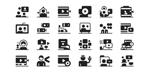 Collection of black and white icons representing video conferencing and online communication tools set