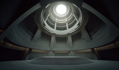 Circular hall with skylight surrounded by spiral stairs and concrete walls, symmetrical architectural environment, cinematic atmosphere showcasing gray cement material texture