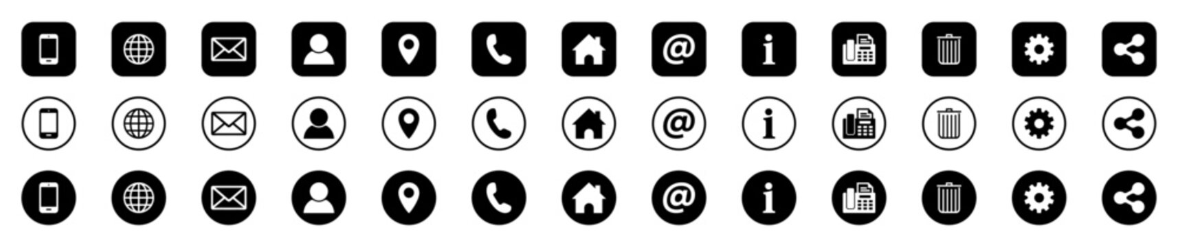 Vector icon set of contact and communication symbols. Includes outline, filled, and circular styles. Icons of phone, mail, user, location, home, trash, share, gear, info, and more.