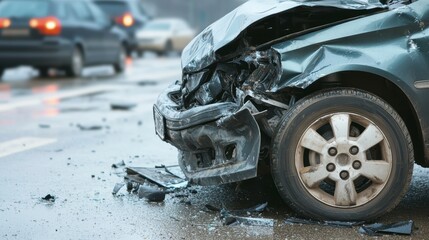 Severely damaged car after a road accident, front end collision, debris on wet asphalt.