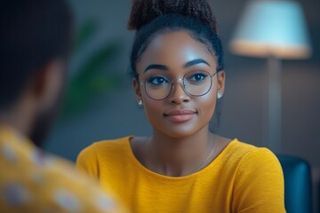 Young woman in a mental therapy session, discussing emotional issues and challenges with a psychologist in the office, Generative AI