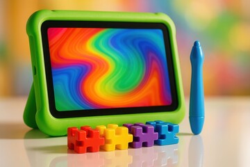 Learning tablet with interactive stylus and colorful puzzle blocks supports fun digital education for kids

