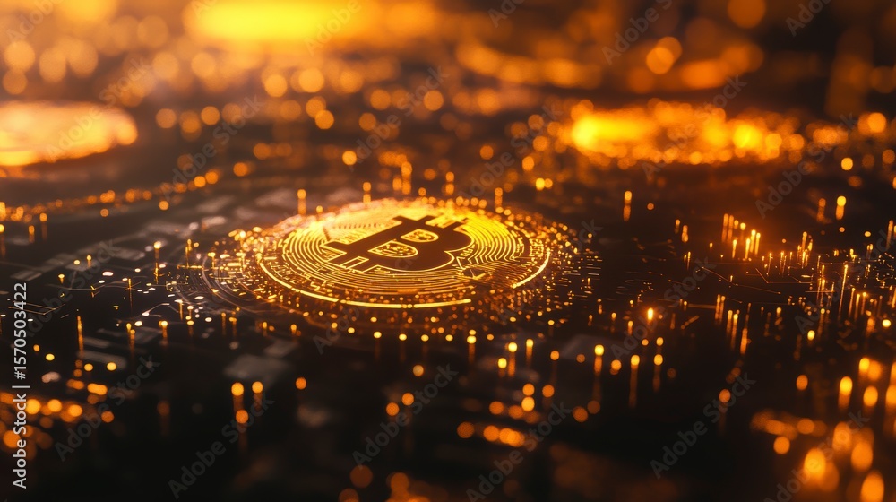 Poster close-up of a golden bitcoin on a circuit board, illuminated with warm light.