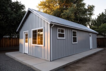 Small barn house with pitched roof metal siding late evening light from side window creating warm internal glow