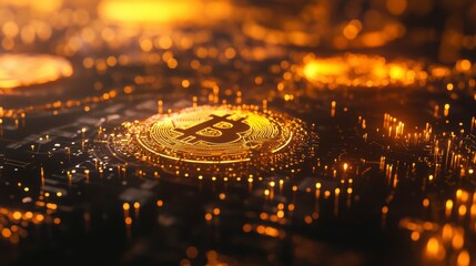 Close-up of a golden bitcoin on a circuit board, illuminated with warm light.