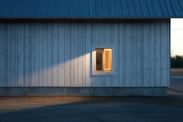 Small barn house with pitched roof metal siding late evening light from side window creating warm internal glow