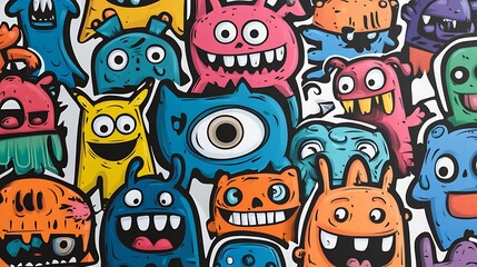 A lively sticker composition of Cinestill monster characters, drawn in graffiti-style doodles with black outlines and bold flat color fill, laid out neatly on white paper background.