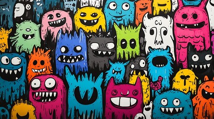 A lively sticker composition of Cinestill monster characters, drawn in graffiti-style doodles with black outlines and bold flat color fill, laid out neatly on white paper background.