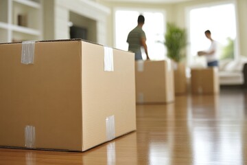 Two people packing belongings into cardboard boxes as part of the process of relocating to a new apartment, Generative AI
